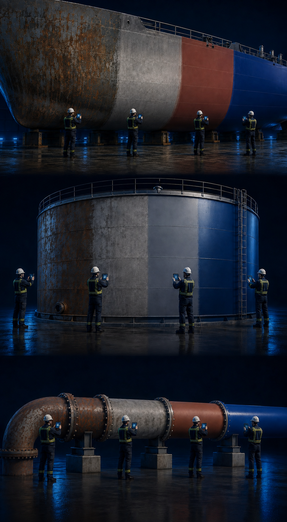 Marine vessel, storage tank and industrial pipe coating stages documented by QC inspectors.